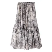 Подиумная женская синяя и белая фарфоровая удлиненная юбка с принтом животных Высокая талия плиссированная большая юбка с подвеской H120