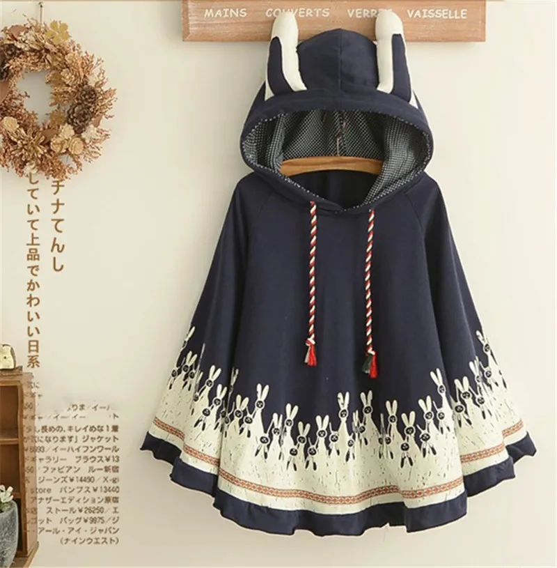 Japan Girl Hood Cape Winter Spring Rabbit Ears Plus Velvet Padded Cloak Short Coat Junior School Student Hooded Poncho Coat Jackets Coats Aliexpress