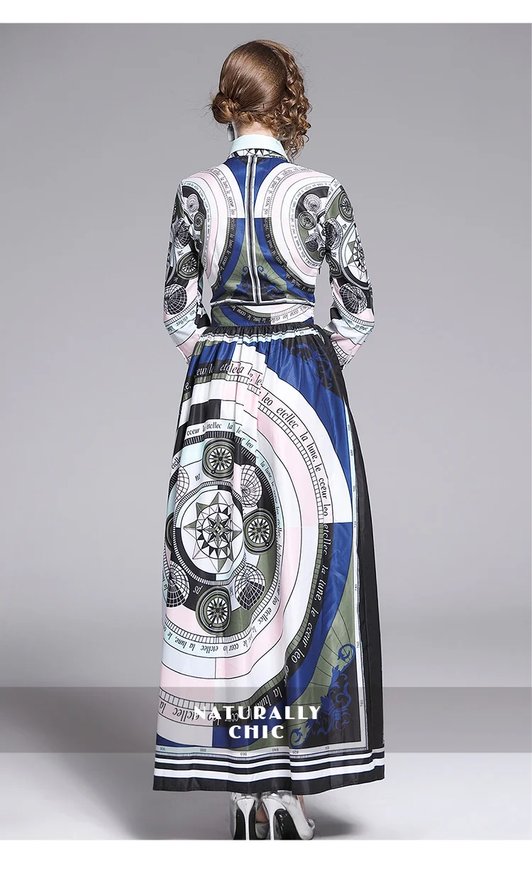 Fashion Designer Compass Print Runway Women Maxi Dress Bow Collar Wrist Sleeve High Waist Long Dress Autumn Clothing Tide