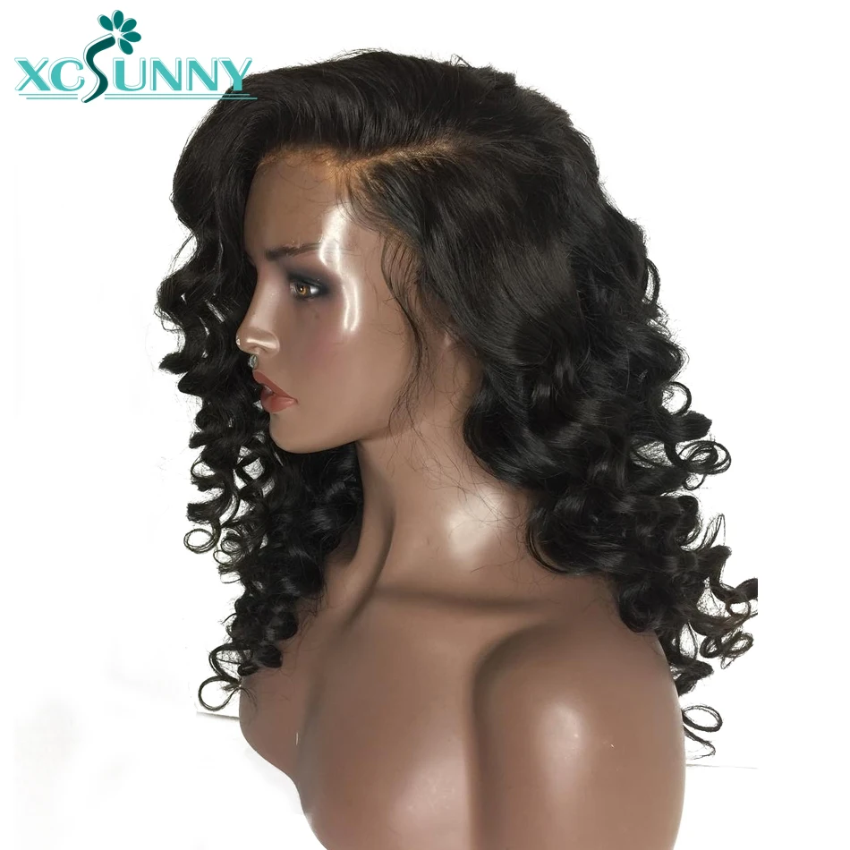 

xcsunny Brazilian Remy Bouncy Curly Pre Plucked Full Lace Human Hair Wigs With Baby Hair Bleached Knots Natural Black For Women