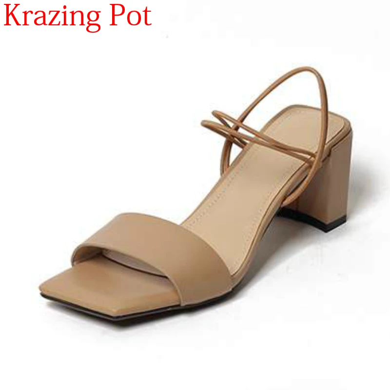 

2019 Fashion Full Grain Leather Square Heel Sandals Women Peep Toe Concise Concise Elegant Runway Party Sweet Summer Shoes L78