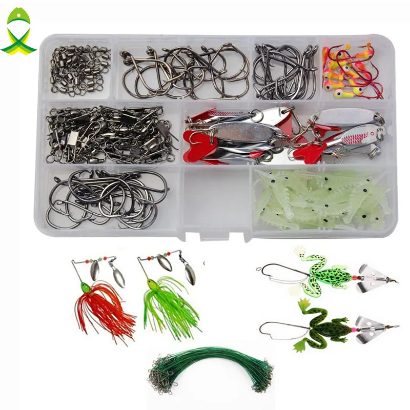 Iscas de Pesca Colher de Metal Lote Kit Incluindo Sapo Macio Iscas Luminosa Camarão Spinnerbaits Isca Jig Gancho Etc Jsm 169 Pçs –