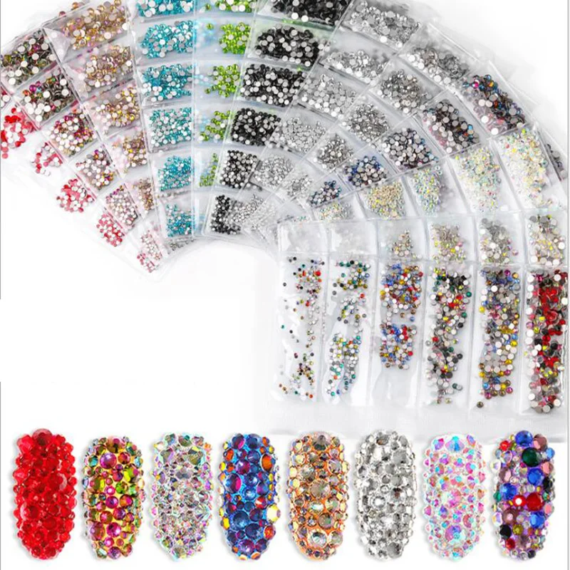 

12 Patterns Nail Crystal Rhinestones Manicure DIY Multi-size Flatback Bottom Mixed Color Nail Art 3D Decoration