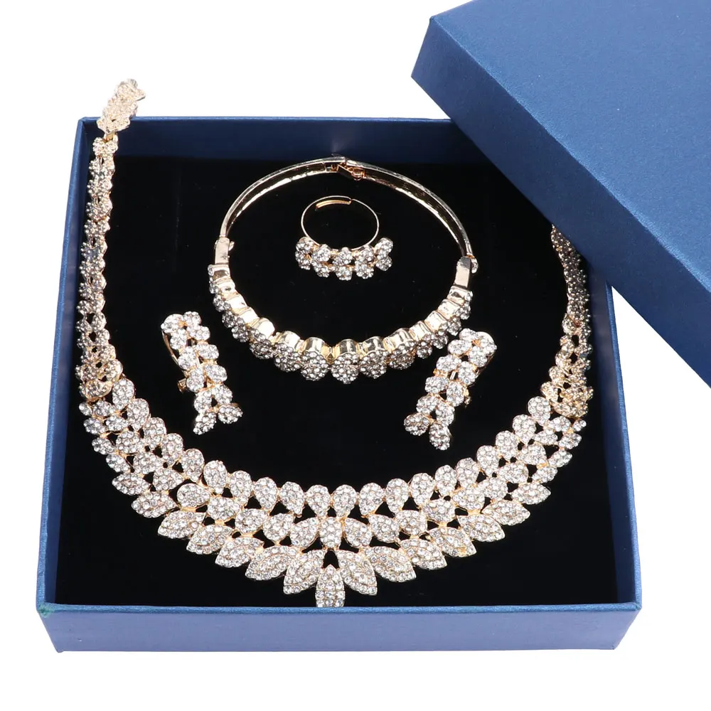 Najtaniej 2018 moda komplet biżuterii damskiej kryształowe zestawy biżuterii dla nowożeńców Party modny kostium naszyjnik kolczyki biżuteria z pudełkami