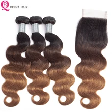 Queena – lot de 3 mèches de cheveux naturels ondulés, ombrés, colorés 1B/4/30, 4x4, avec Lace Closure