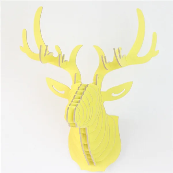 3D Puzzle Wooden DIY Creative Model Wall Hanging Deer Head Elk Wood Gift Craft Home Decoration Animal Wildlife - Color: yellow