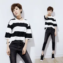 Американский Осень Для женщин модные черный, белый цвет в полоску из хлопка с рукавом три четверти T рубашка, топы женские с О-образным вырезом повседневные футболки Sexo поп Funko