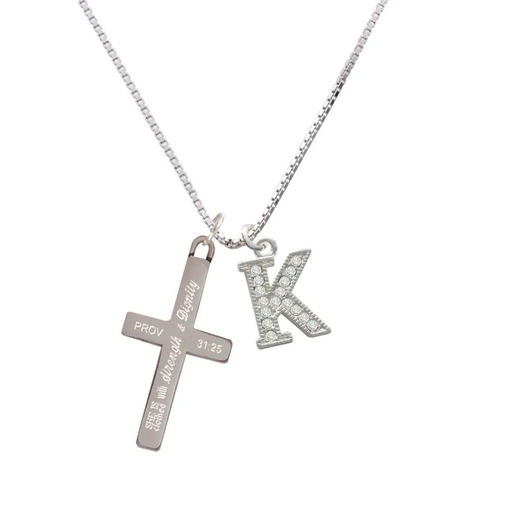 Crystal Initial - K - Beaded Border - - Strength and Dignity - Cross Necklace