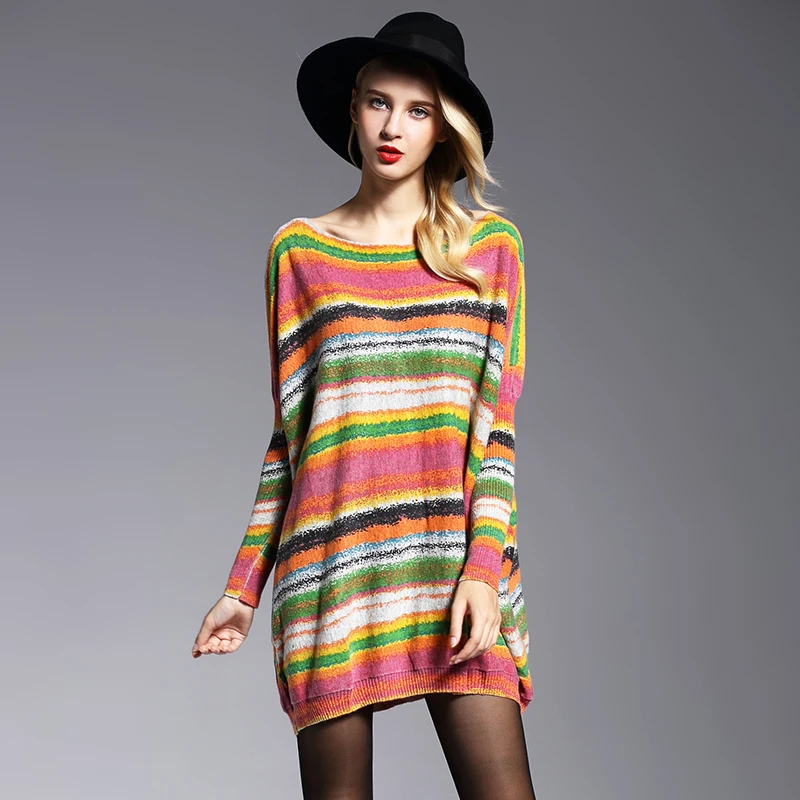 

New High Quality Women's Sweaters Fashion Batwing Sleeve Print Slash Neck Pullovers Computer Knitted Sweater 625