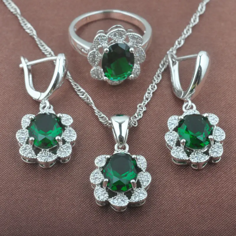 Fashion Green Zircon White CZ Women's 925 Sterling Silver Jewelry Sets