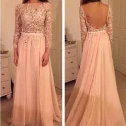 Элегантное кружевное вечернее платье трапециевидной формы с длинными рукавами, розовое шифоновое платье с открытой спиной, вечернее