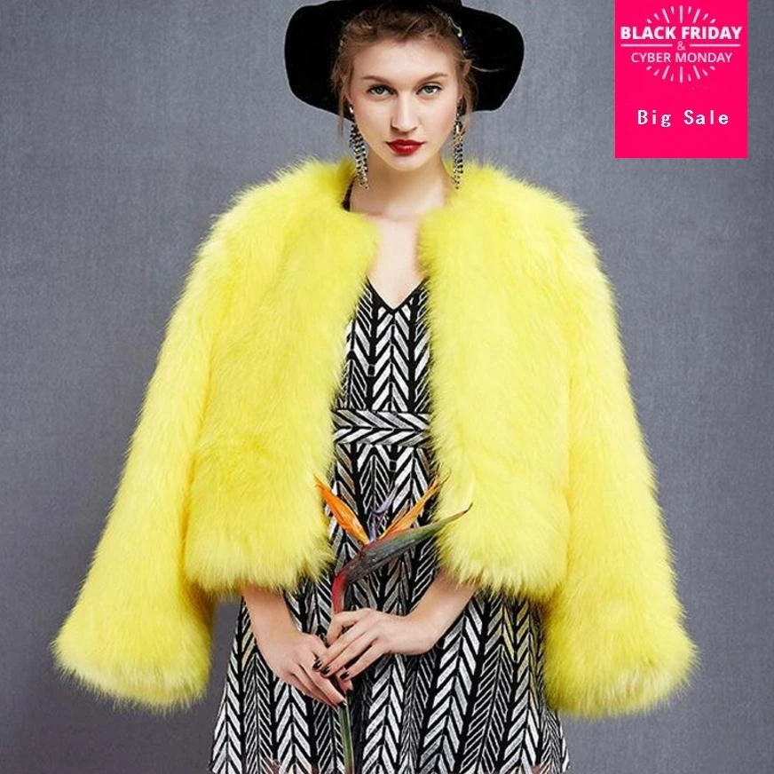 

S-4XL Women's winter faux fox fur coat winter short warm Fox Fur round neck long sleeve stitching yellow coat wj1394 free send
