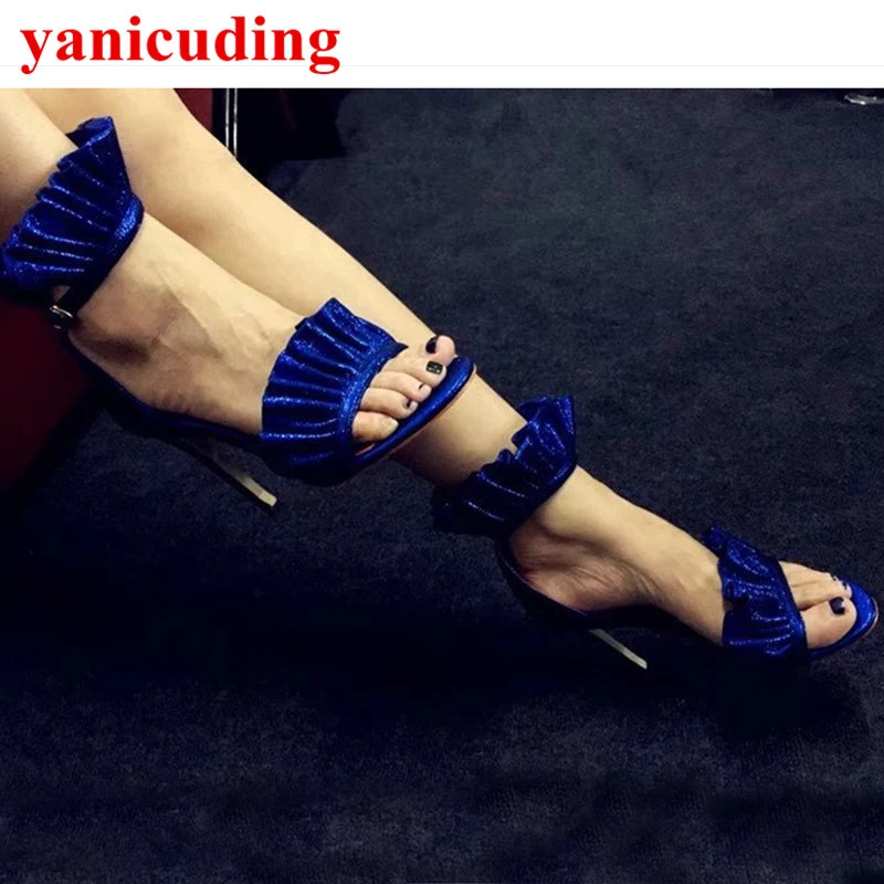 

Peep Toe High Thin Heel Women Sandals Ruffles Decor Zipper Gladiator Sapato Feminino Luxury Brand Wedding Party Dress Stiletto