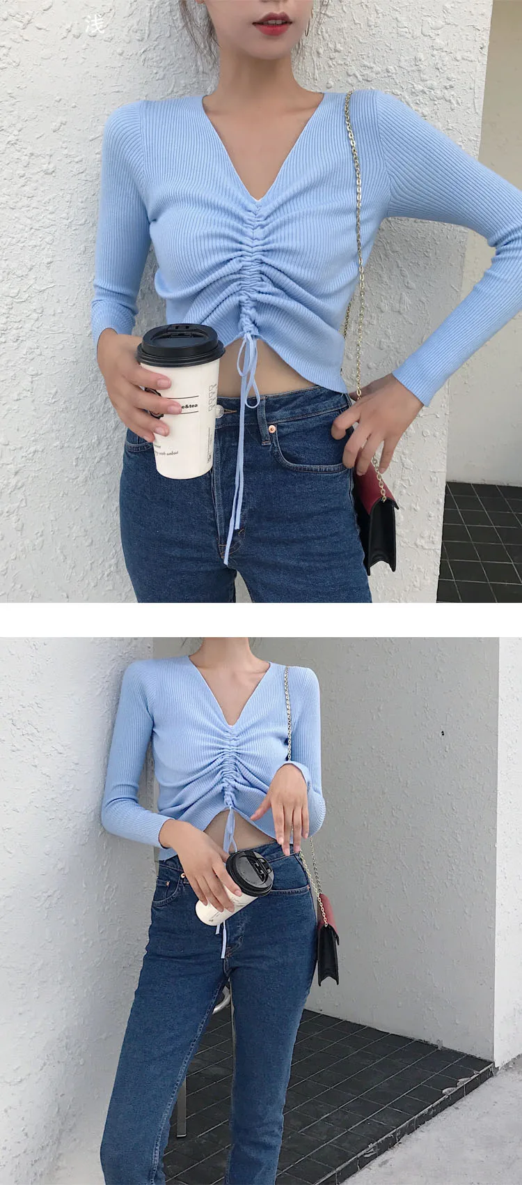 AOSSVIAO Sexy lace up knitting pullover top Fashion autumn winter sweater women Chic pink V-neck knit slim jumper pull femme