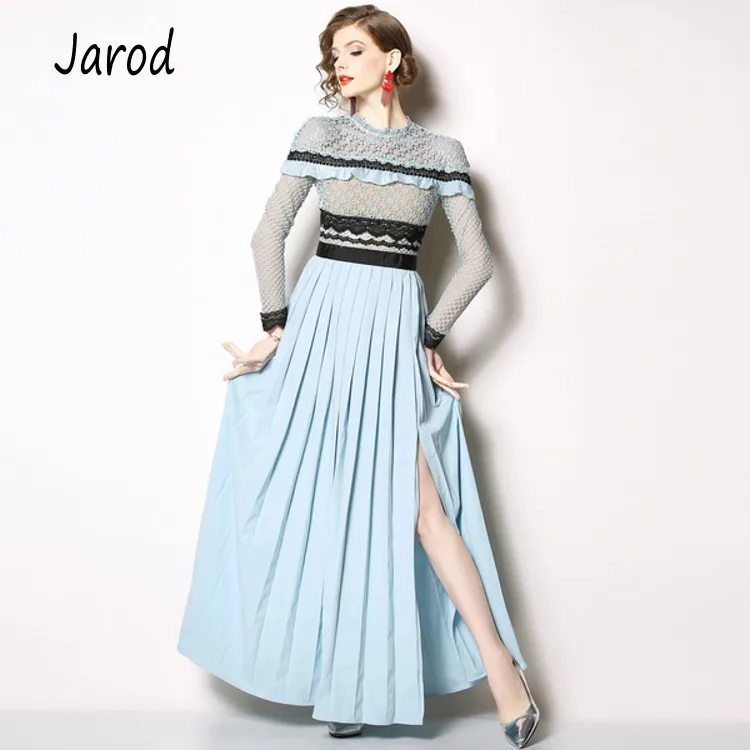 

2019 Self-Portrait Runway Pleated Long Dress Women Lace Flower Crochet Ruffles Patchwork Hollow Out High Split Maxi Party Dress