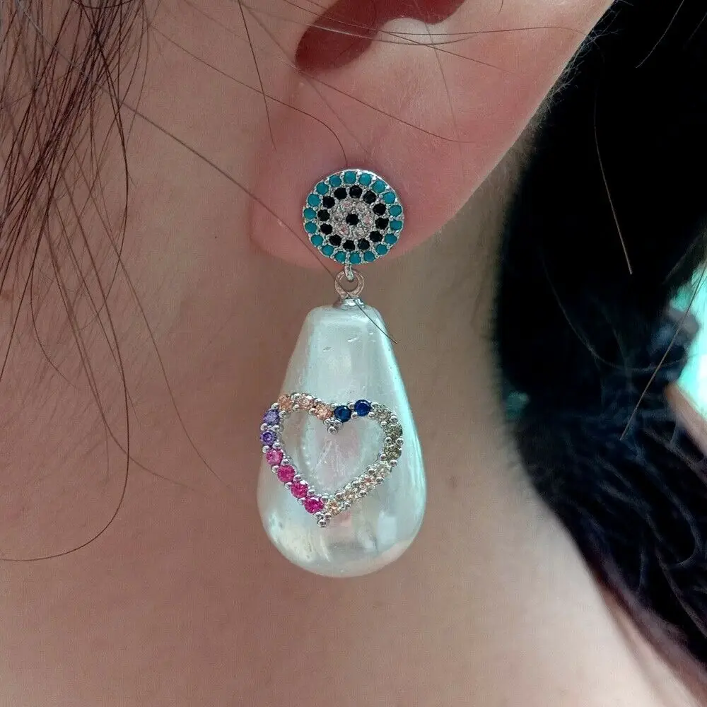 

White teardrop Sea Shell Pearl Cz pave Heart shaped Earrings