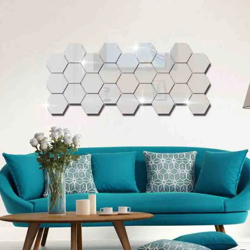 12pcs Hexagon Cellular Acrylic Mirror Wall Stickers Diy Art Decor Home Living Room Mirrored Decorative Sticker | Дом и сад
