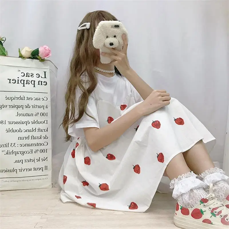 Милое милое платье с принтом клубники и высокой талией женские милые платья Kawaii