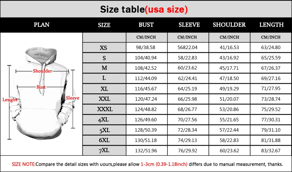 new hoodies size chart