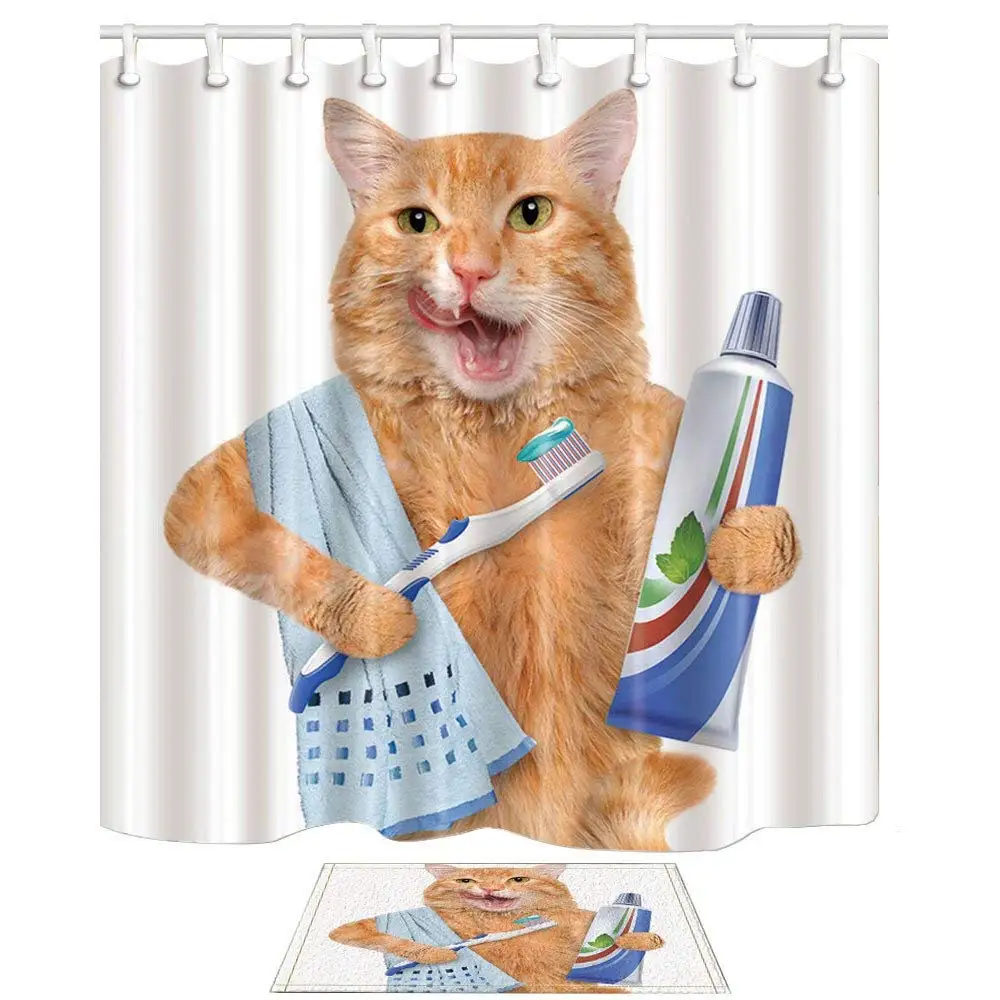 Good morning cat с зубной щёткой набор занавесок и ковриков для душа домашнее украшение