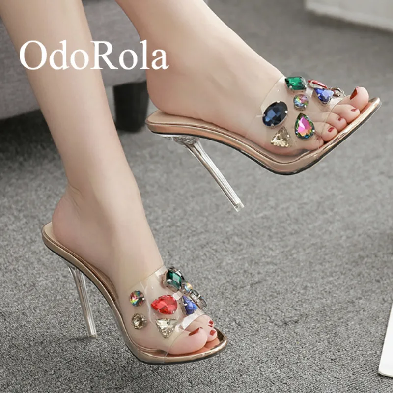 

OdoRola Women's PVC Transparent Sexy High Heel Sandals 11.5cm Rhinstone Stiletto Sandals Shoes Slippers Summer Shoes Woman