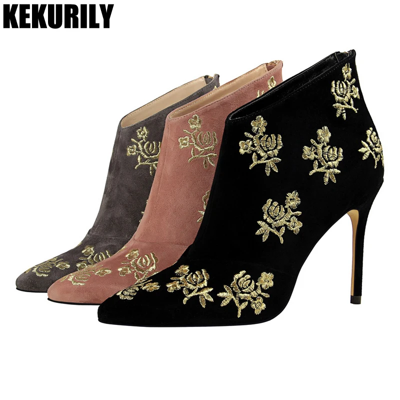 

Embroider High Heels Ankle Boots Winter Zipper Pointed Toe Shoes Woman Fashion boots luxury Zapatos de mujer Black pink gray