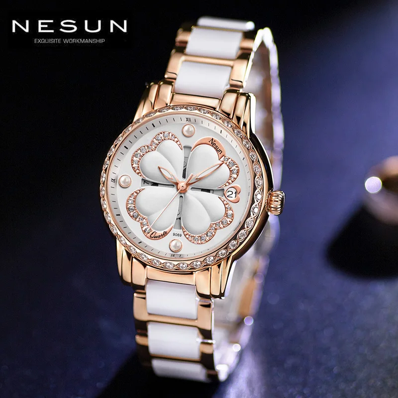 

Nesun Fashion Ceramic Bracelet Women Watches Luxury Brand Rose Gold Diamond Ladies Watch Stylish Designer Silver Relogio Femino