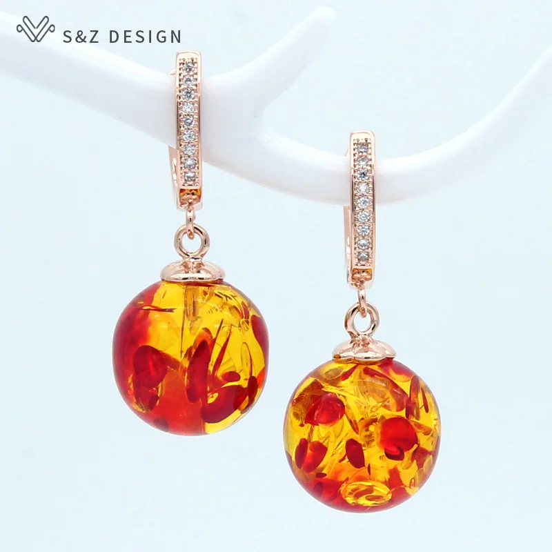 S&Z Round 14mm Flower ambers Dangle Earrings 585 Rose Gold Japanese South Korean Eardrop Temperament Vintage earrings for women