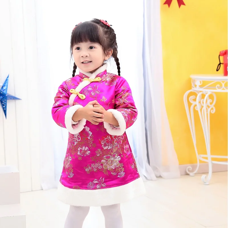 Зимние стеганые куртки для девочек, китайское традиционное платье Qipao Tang, новогодний костюм