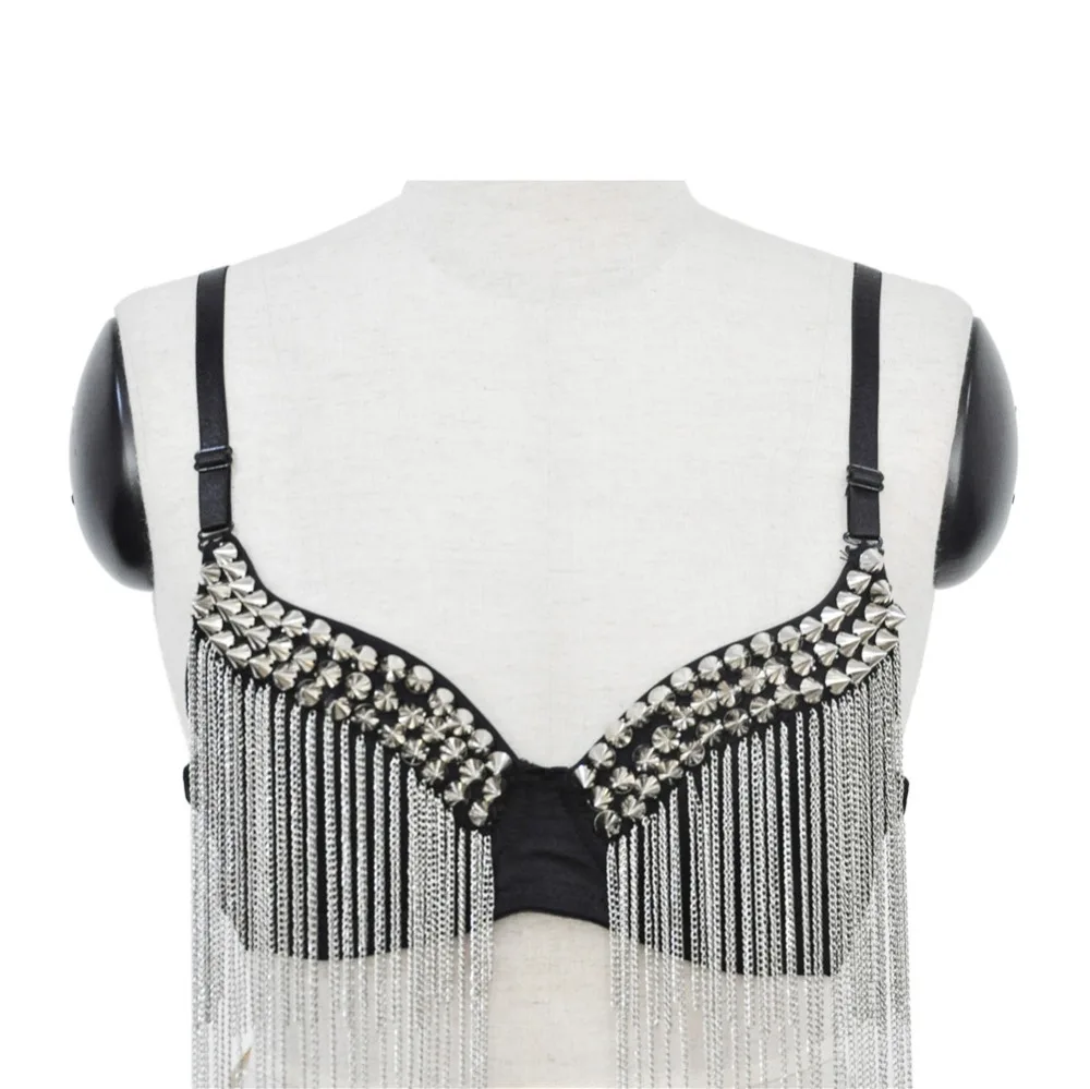 Corzzet Silver Rivet & Chain Tassel Black Straps Bra Gothic Women Plus