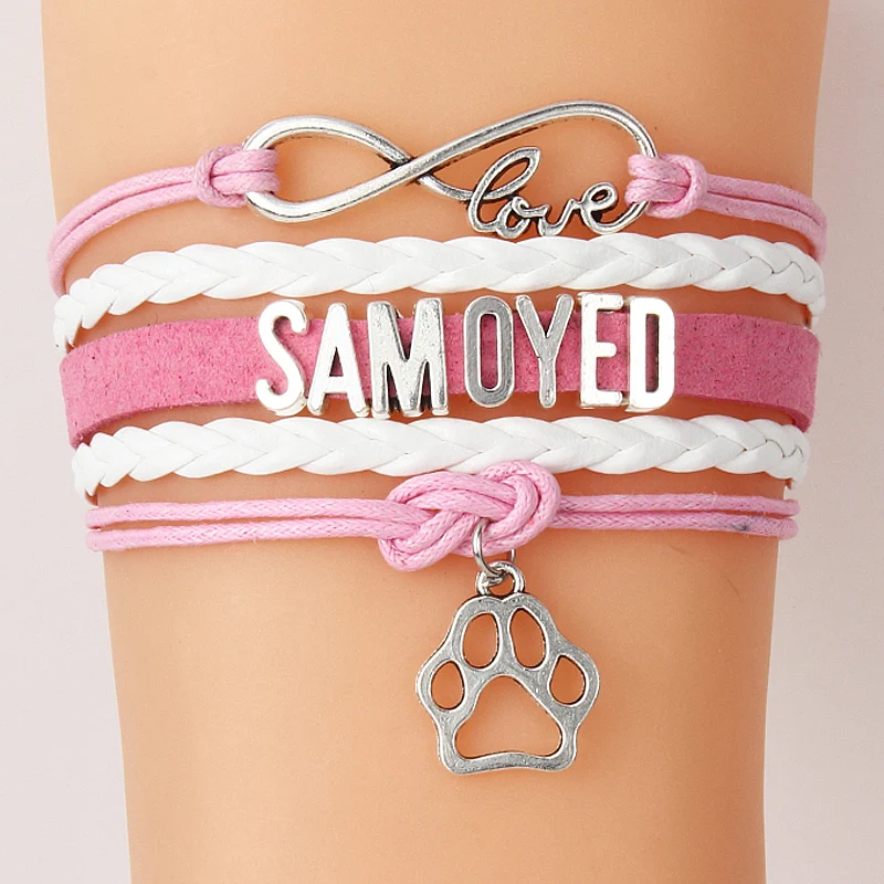 

Drop Shipping Infinity Love Samoyed Dog Paw Charm Bracelets Handmade Leather Wristband Bracelet Jewelry For Women Men