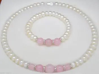 

Brinco Brincos Ddh001154 Pretty 8-9mm Natural White Pearl & Pink Gem Beads Necklace Bangle Jewerly Sets For Women Jewelry