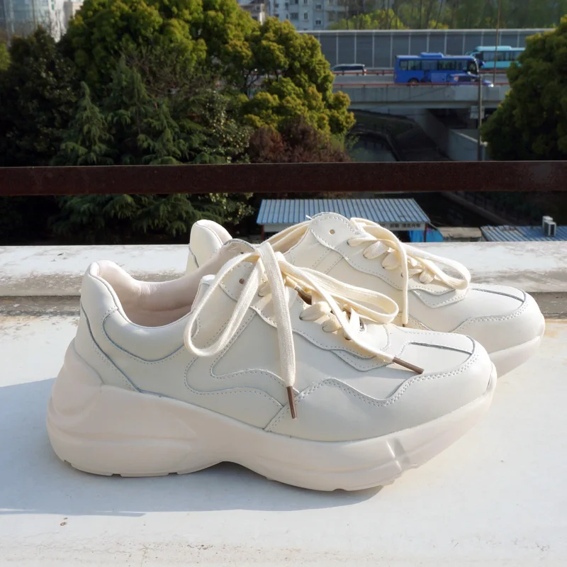 

Genuine Leather Women's Platform White Clunky Sneakers 2019 Fashion Lace Up Women Fat Shoes Woman Casual Dad Shoes