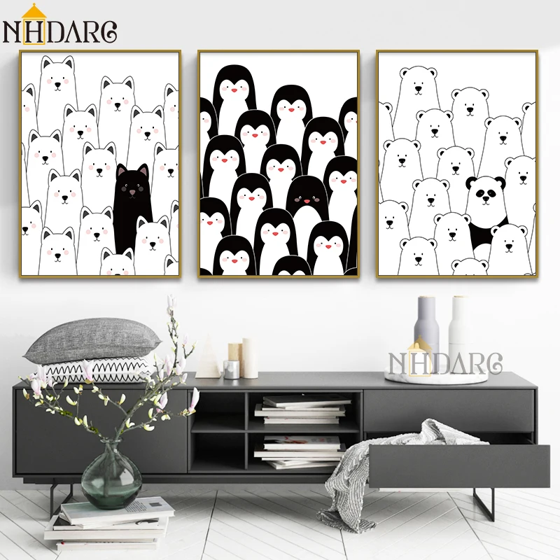 

Posters And Prints Canvas Art Painting Black White Cute Penguin Bear Wall Pictures for Living Room Modern Nordic Home Decor