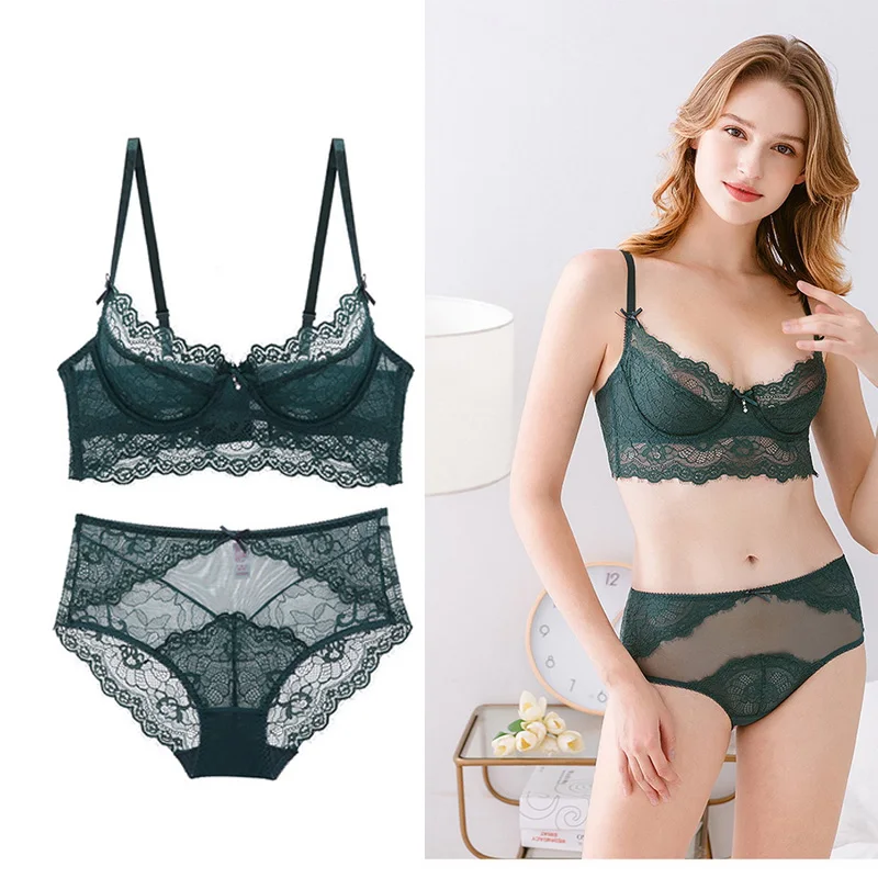 

sexy mousse bra and briefs sets lace thin cup green women lingerie underwear young girl transparent panties new comfortable