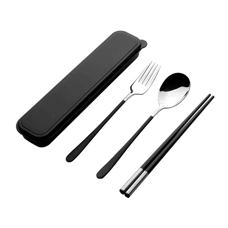 

10 Sets Stainless Steel Office Student Tableware Flatware Set Chopsticks Spoon Fork With Stoarge Box Portable Travel Dinnerware
