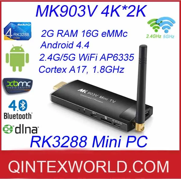 

MK903V RK3288 Quad Core Cortex A17 MaliT764 H.265 Ultra 4K Android4.4 2G/16G 2.4G/5G WiFi HDMI Bluetooth TV Stick Dongle Mini PC