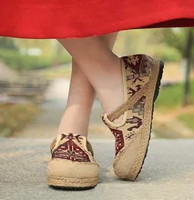 35-40 Woman shoes Retro classic flax Cloth shoes embroidery Leisure flats round toe slip on Natural flax handmade
