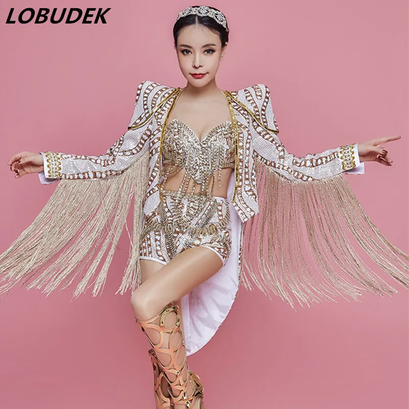 

Nightclub Women Leading Dancer Costume Bar Singer Star Concert Performance Clothes Sparkly Rhinestones Bikini Tassels Coat Sets