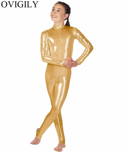 Yellow Shiny Spandex Scoop Neck Long Sleeve Unitard Dancewear