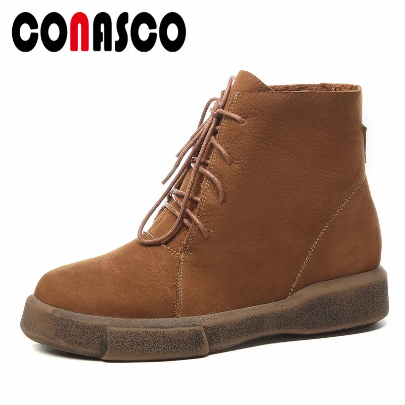 

CONASCO Retro High Quality Women Ankle Boots Platforms Round Toe Lace Up Autumn Winter Martin Shoes Woman Short Motorcycle Boots
