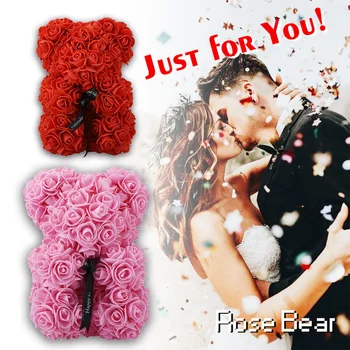 

Hot Sale Red Rose Bear 23cm Artificial Soap Roses Wedding Home Decoration Gift For Valentine's Day Love Bear Gift With Gift Box