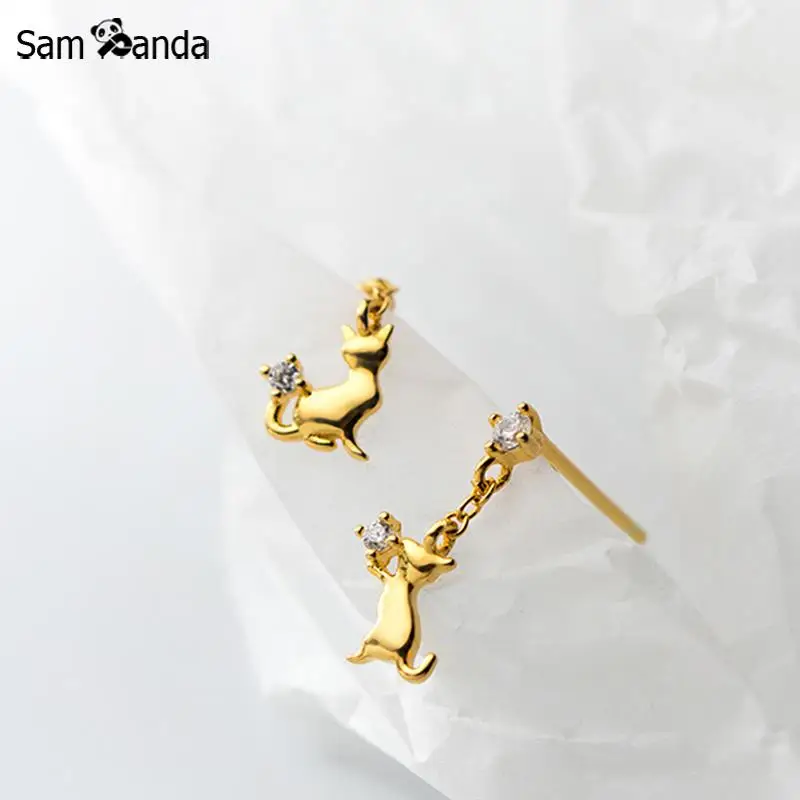 

New 100% 925 Sterling Silver Cute Cat Personality Asymmetry Earring Fashion Earrings For Women Female Jewelry Gift Anti Allergy