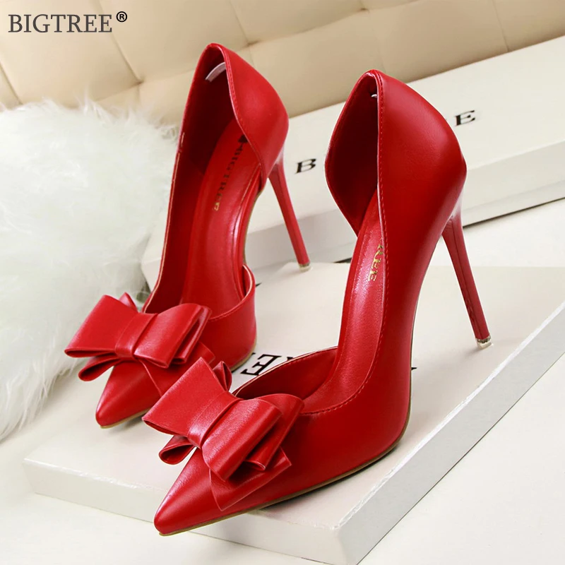 

BIGTREE 2019 Sweet high heels Summer Women shoes soft leather Butterfly-knot Candy color Female heels red wedding party shoe