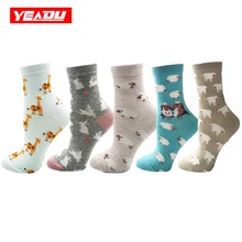 YEADU/5 пар/лот, Разноцветные Милые Хлопковые женские носки, забавные мультяшные носки с овечкой, Кроликом, жирафом, японский стиль, рождественские носки для девочек