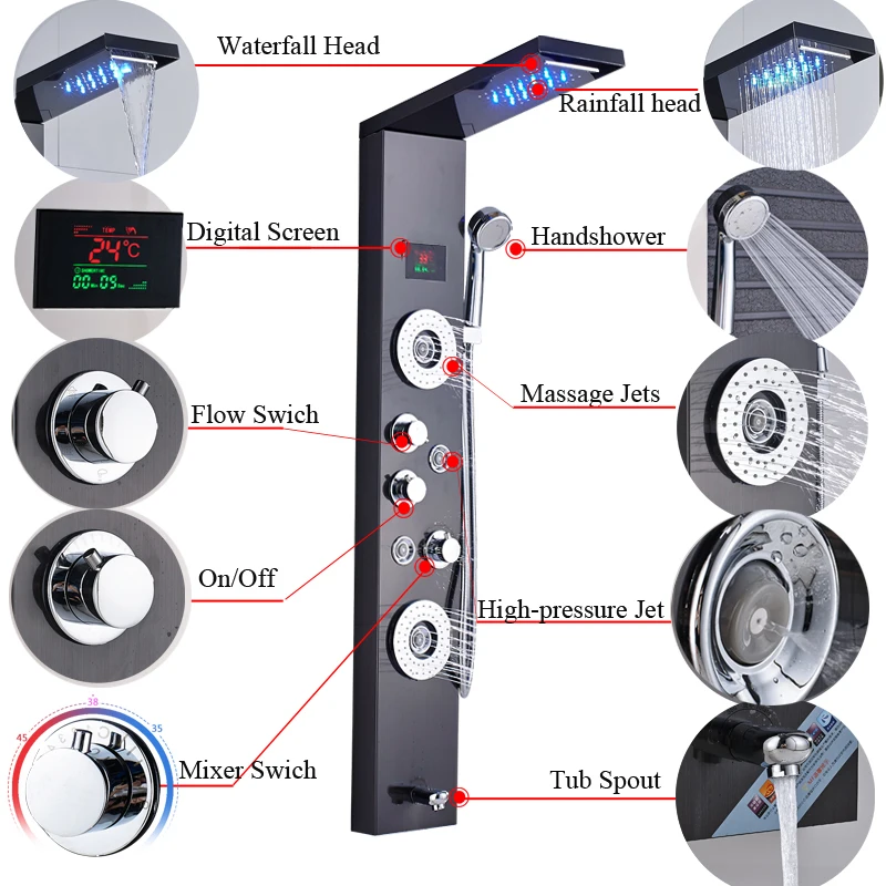 Роскошный черный/матовый душевой кран для ванной комнаты, светодиодный душевой панельный столбик, смеситель для ванной с ручным душевым температурным экраном