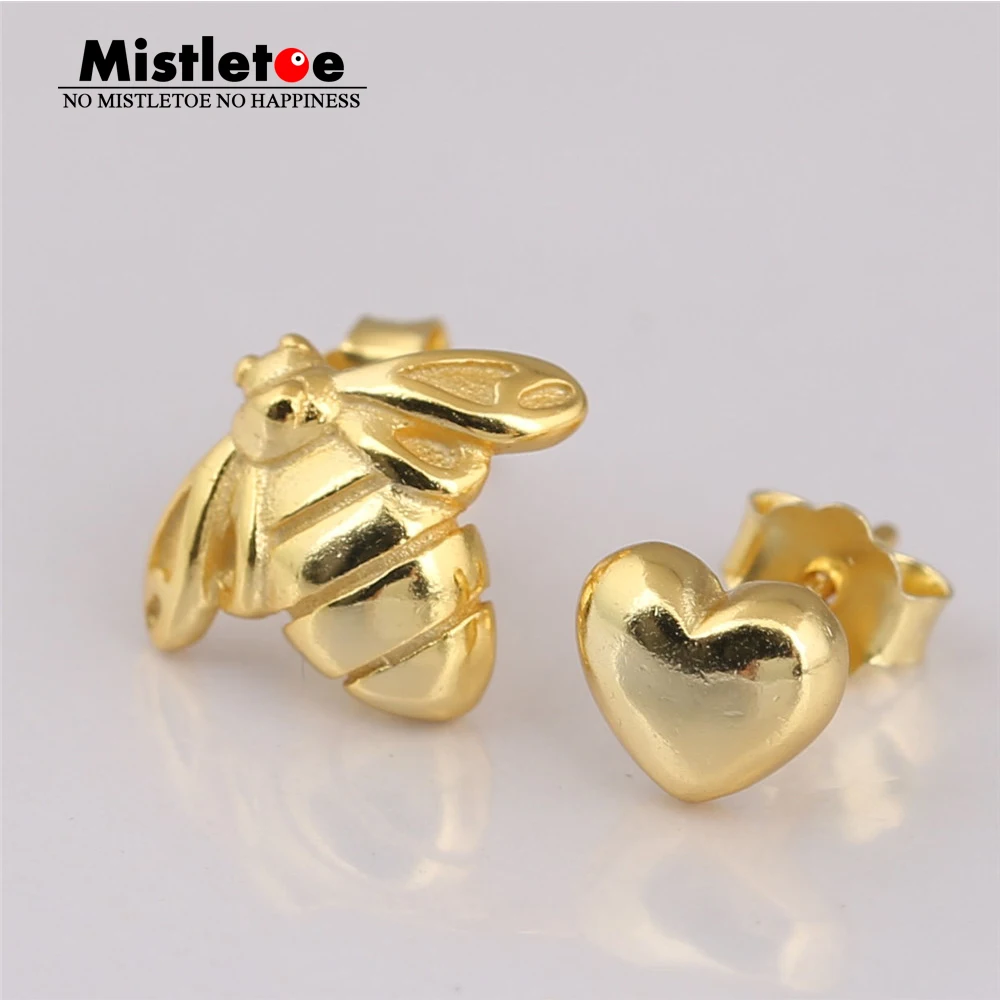Подлинные 925 пробы серебряные серьги в форме сердца и гвоздики пчелка, блестящая омела совместима с европейскими ювелирными изделиями