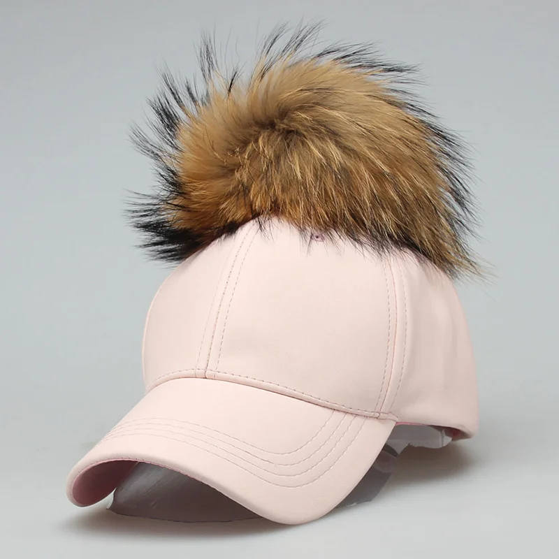 Модные шапки с помпонами из натурального меха енота, бейсбольная кепка в стиле хип-хоп ярких цветов из искусственной кожи, женская меховая бейсболка, кепка s - Цвет: A8