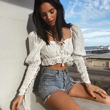 Elegant Off Shoulder Lace Up Women Cropped Blouse Shirt Summer High Waist Ladies Long Sleeve Tops Streetwear White Crop Top 2019 side lace up cropped long sleeve top