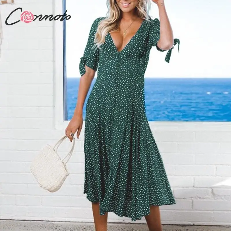 

Conmoto French Style Elegant Party Autumn Winter Dress Women Bow Button Sexy Mid Dresses Elegant Female V Neck Dress Vestido